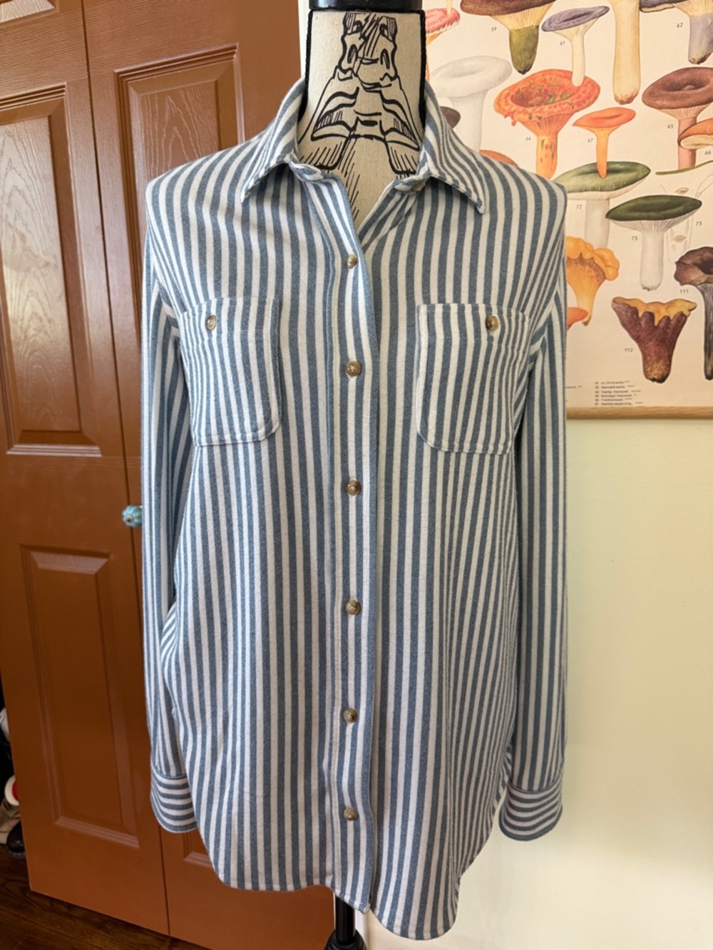 Faherty Blue and White Vertical Stripe Button-Down Top